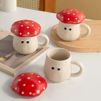 Креативная керамическая кофейная чашка с красным грибом и крышкой, Мультяшная кружка с милыми грибами, чашка для завтрака, чашка для молока, подарок на День рождения, Кружка для украшения дома 9