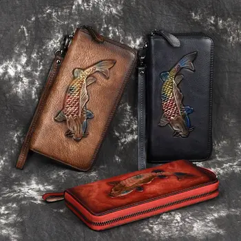 Винтажный кошелек из кожи с длинной застежкой-молнией, винтажный зажим для денег из натуральной кожи, повседневный верхний слой, сумка из воловьей кожи, мобильный кошелек