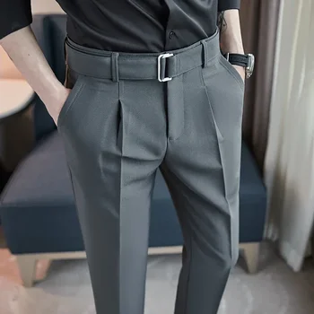 Мужские Весенне-осенние украшения для ремня, повседневные брюки длиной до щиколоток, уличная одежда 2023, Новая мода, деловые облегающие костюмные брюки 5