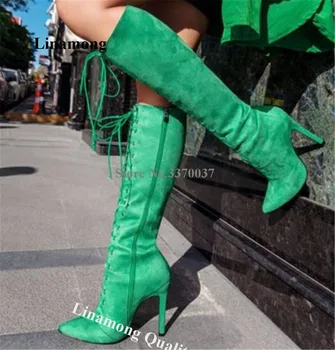 Linamong Зеленые Красные замшевые сапоги до колена на шпильке С острым носком, на шнуровке, тонкие Длинные сапоги на тонком каблуке, клубное платье, каблуки большого размера