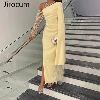 Вечернее платье Jirocum из атласа с блестками, женские платья для выпускного вечера с кисточками и длинным рукавом, Желтые платья для официальных мероприятий с разрезом спереди 2024 г.