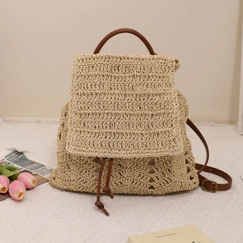 Женский соломенный рюкзак Летняя богемная полая сумка через плечо Hobo, сплетенная крючком, дорожные сумки для женщин, Вязаный пляжный рюкзак 1