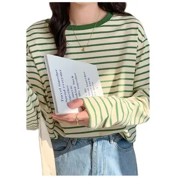 Весенне-осенние женские футболки, Модный хлопковый пуловер с круглым вырезом в полоску, Корейское Винтажное зеленое пальто со свободным рукавом, новинка 2023 года 18