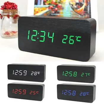 Будильник Светодиодный деревянный столик для часов Голосовое управление Цифровой деревянный будильник Электронные настольные часы с питанием от USB