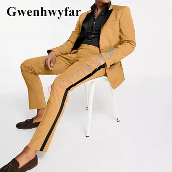 Gwenhwyfar, трендовый Новый стиль, мужской костюм, смокинг жениха, мужской деловой повседневный костюм, желтый костюм для выпускного вечера, комплект из двух предметов 11