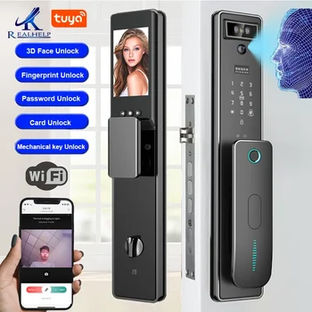 WiFi Smart Lock с 3D-распознаванием лиц или считывателем отпечатков пальцев и управлением приложением Tuya Подходит для дверей толщиной 40-120 мм 24