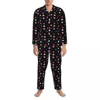 Пижамы с милым сердечком, осенние пижамы с красочным рисунком в виде сердечек, пижамные комплекты оверсайз в стиле ретро, мужские пижамы с длинным рукавом, удобные пижамы для спальни 6
