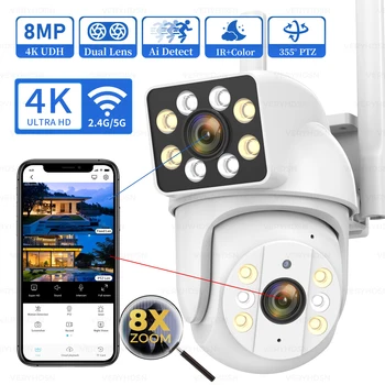 4K 8MP WiFi IP-Камера С Двойным Объективом PTZ Цветного Ночного Видения Беспроводные Камеры Наблюдения Обнаруживают Отслеживание На Открытом Воздухе Водонепроницаемый 8-Кратный Зум 25