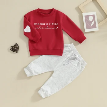 Одежда для маленьких мальчиков на День Святого Валентина, толстовка с длинным рукавом и эластичные штаны с буквенным принтом для малышей, осенняя одежда 6