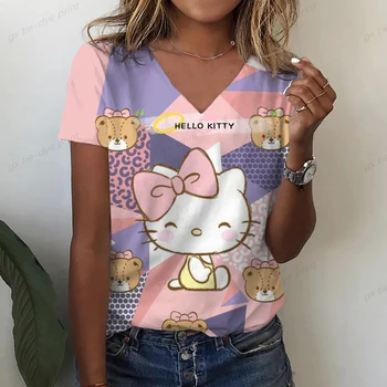 Женская футболка с 3D рисунком Hello Kitty с 3D принтом, Летняя футболка с коротким рукавом, Свободный V-образный вырез, повседневный топ, женская футболка, топ, уличная одежда 17