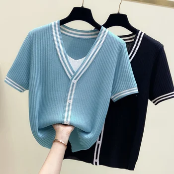 M-4XL, Большой размер, Женский летний вязаный пуловер с V-образным вырезом и коротким рукавом в полоску, футболка, шерстяной свитер большого размера, женский джемпер, футболка 2