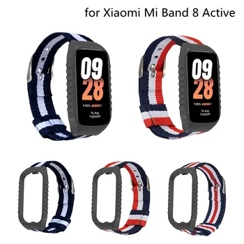 Простой ремешок для часов в полоску из холста + рамка из ПК для Xiaomi Mi Band 8 Active, мужской женский браслет, Заменить нейлоновый Mi Band8 Active 22
