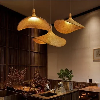 Бамбуковая плетеная светодиодная подвесная лампа ручной работы, винтажный подвесной светильник из ротанга для столовой, люстра для внутреннего освещения. 19