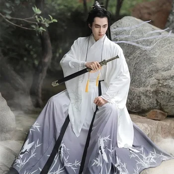 Мужские платья в восточном китайском стиле WATER Hanfu, древний костюм, длина до талии, стиль Вэй Цзинь, Уся Хань Фу, полный комплект, белый 22
