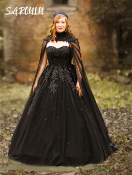 Готическое Черное свадебное платье из тюля С кружевными аппликациями, платья для невесты трапециевидной формы с накидкой в виде сердца, свадебное платье Vestidos De Novia 8