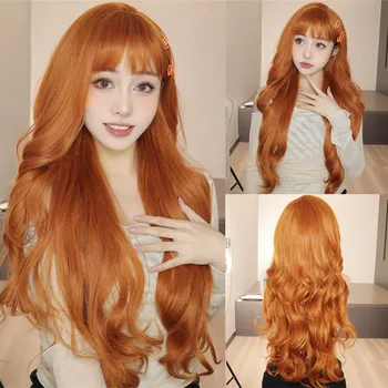 Длинные оранжевые волнистые синтетические парики с челкой для женщин, натурально выглядящие медные накладные волосы, парик для ежедневных вечеринок, Термостойкое волокно 11