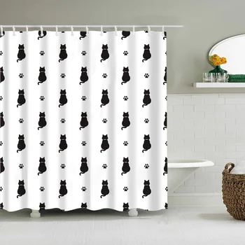 Милые занавески для ванной с изображением кошки и собаки, детские занавески для душа с мультяшными животными, отделка из полиэстеровой водонепроницаемой ткани с крючками 9