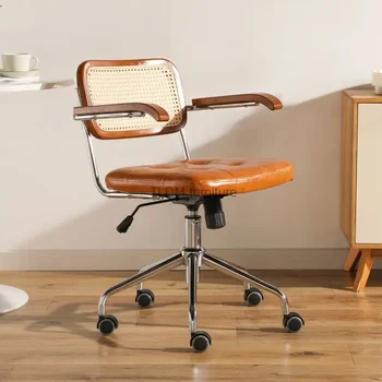 Компьютерное офисное кресло из ротанга, вращающееся в японском ретро стиле, Скандинавская роскошь, Удобное сиденье для рабочего стола, Дышащий подлокотник, Ротанговое кресло 25