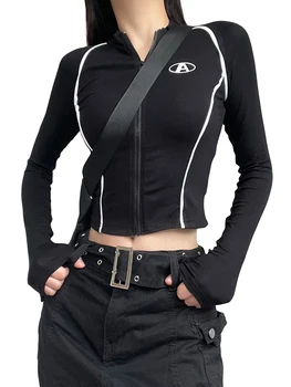 Укороченные топы для женщин, модный Y2k, короткий длинный рукав, круглый вырез, графический принт, приталенный пуловер на молнии, футболки 22