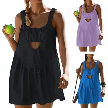 Женское теннисное платье со Встроенными Карманами для бюстгальтера и Шорт, Сексуальное спортивное платье с открытой спиной на ремешках для активного отдыха, Йоги