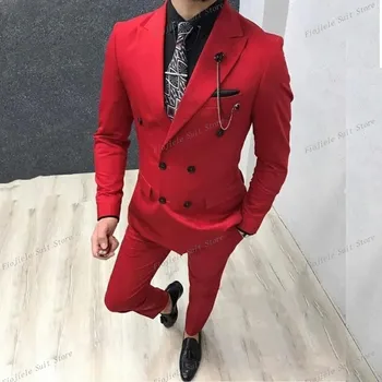 Сшитый на заказ Красный мужской костюм из 2 предметов Приталенный Смокинг для жениха Свадебный Деловой Блейзер с двойной грудью Куртка Брюки 9