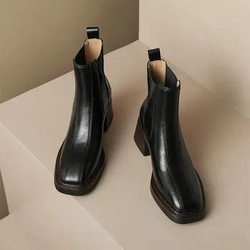Осенне-зимние женские короткие ботинки в стиле ретро, новинка 2023 года, ботинки Челси из натуральной кожи на толстом каблуке с квадратным носком, женская обувь на высоком каблуке 19