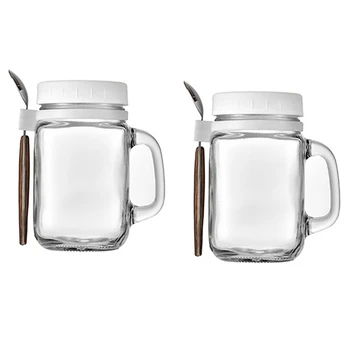 Молочный стаканчик из 2 предметов с ручкой и ложкой, стеклянные банки для хранения, многоразовые герметичные стаканчики для путешествий 15