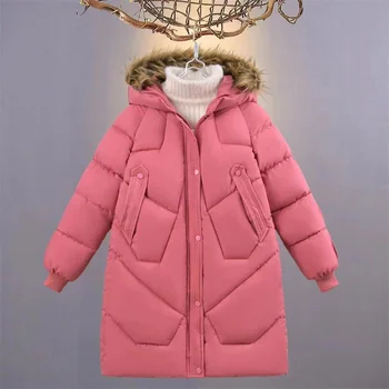 2023 Новые утепленные теплые пальто для девочек, зимние длинные пуховики, детская ветрозащитная верхняя одежда, детская одежда, парки с капюшоном для девочек-подростков 13