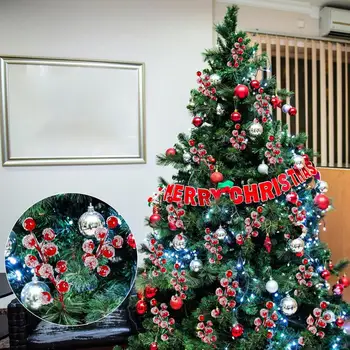 Елочные украшения с ягодами, реалистичные заснеженные ягодные стебли, яркая рождественская елка для праздника дома 23