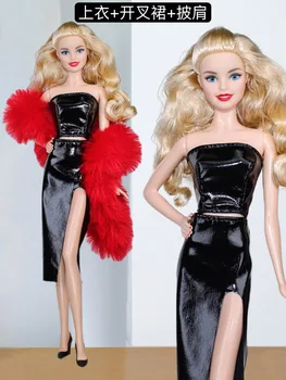 Комплект одежды/ красный плюшевый шарф + черный кожаный топ + юбка с разрезом / кукольная одежда 30 см, костюм для 1/6 Xinyi FR ST Куклы Барби 21