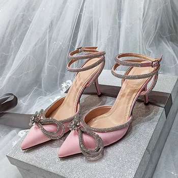 2023, Новый Стиль, блестящие туфли-лодочки со стразами, атласные женские босоножки на высоком каблуке с острым носком, Летние Роскошные дизайнерские туфли для свадебной вечеринки 19
