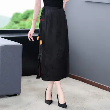 2024 традиционная китайская женская юбка трапециевидной формы, винтажная атласная жаккардовая юбка harajuku с кисточками, восточная национальная народная длинная юбка 25