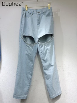 Светло-голубые джинсы с высокой талией женские 2023, осенне-зимние Новые Прямые повседневные брюки с полой строчкой из кристаллов и бриллиантов для женщин
