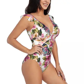 Женский цельный купальник с бабочкой и цветочным рисунком, Сексуальный купальник с рюшами, Летняя пляжная одежда, купальник для похудения