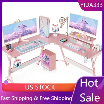 MOTPK Розовый игровой стол L-образной формы, 51-дюймовый Геймерский стол, игровой стол с текстурой из углеродного волокна 2
