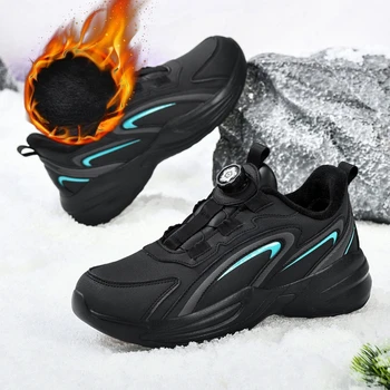 Мужская обувь с хлопковой подкладкой, сохраняющая тепло зимой, женская нескользящая обувь для ходьбы с вращающимися кнопками, кожаная водонепроницаемая плюшевая обувь для поездок на работу 15