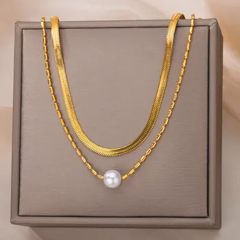 Двухслойное ожерелье из искусственного жемчуга для женщин, Позолоченные ожерелья с цепочкой из нержавеющей стали, трендовые ювелирные изделия 2023 года 4