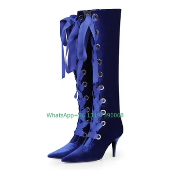 Женские замшевые дизайнерские ботинки синего цвета на шнуровке на низком каблуке с пятнистым ремешком, модельные сапоги на каблуке котенка, сапоги до колена, размер 46, элегантные вечерние сапоги 23