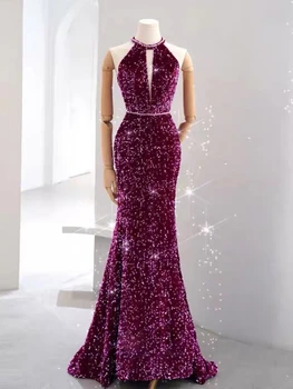 Сексуальные вечерние платья фиолетового сливового цвета, Русалка, расшитая хрустальным бисером, V-образный вырез, женская свадебная одежда для тостов с открытой спиной, платье для выпускного вечера из бисера. 8
