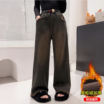 Флисовые джинсы для больших девочек, Свободные плотные теплые брюки, Детские Широкие джинсовые брюки, Детские Прямые брюки со средней талией. 11