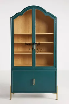 Американский книжный шкаф из массива дерева с двойной дверью, Стеклянный буфет, Винный шкаф для гостиной, Шкаф для хранения, Витрина 6