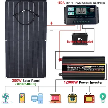 От 12 В до 110 В/220 В Солнечная Энергетическая Система 300 Вт Солнечная Панель 150A Контроллер Заряда 10000 Вт 12000 Вт Инвертор Полный Комплект Для Выработки Электроэнергии 13