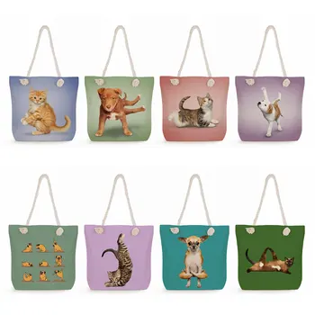 Женские сумки через плечо с принтом милой собаки и кошки, модные сумки большой емкости, хозяйственная сумка, эко-многоразовые дорожные пляжные сумки, складные 10