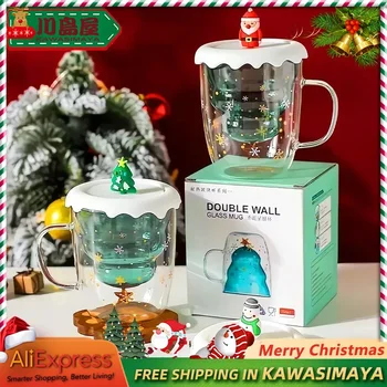Рождественская чашка для воды KAWASIMAYA из двойного стекла, женский креативный подарок для дома высокого качества, чашка для кофе и молока с крышкой 15