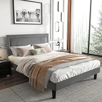 Каркас кровати-платформы с регулируемым по высоте мягким изголовьем, прочная деревянная планка, простая сборка, мебель для спальни