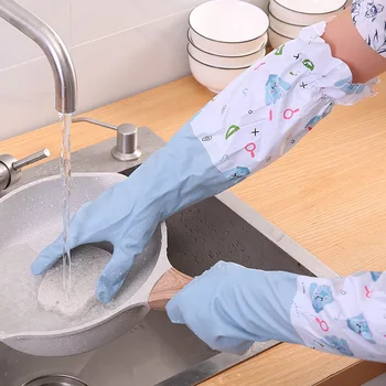 Кухонные перчатки для мытья посуды из плюша и утолщенной резины из латекса, водонепроницаемые, удлиненные и теплые для стирки одежды 17