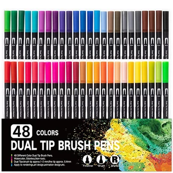 48 Цветов Двойной Наконечник Кисти Художественные Маркерные Ручки Раскрашивающие Маркеры Fine & Brush Tip Pen для Взрослых Книжка-Раскраска Для Заметок Art Supplier 25