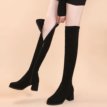 Эластичные сапоги выше колена, женские осенне-зимние модели 2022 года, тонкие сапоги на толстом каблуке, сапоги маленького размера на высоком каблуке 14