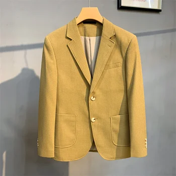Повседневные пиджаки в полоску в британском стиле, мужские вафельные деловые блейзеры 2022 года, куртка slim fit, формальный homme, для выпускного вечера, для курения 14