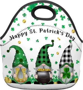 Изолированная сумка для ланча на День Святого Патрика для женщин Gnomes Lucky Clovers Falling Мягкая неопреновая сумка для ланча Водонепроницаемый ланч-бокс 5